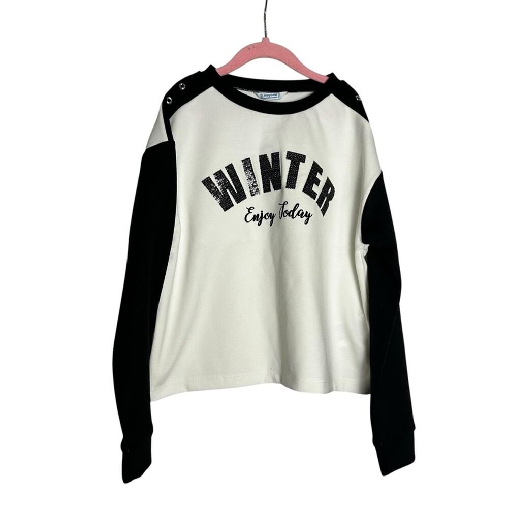 NWT Mayoral Black & White Sequin‎ Winter Enjoy Today Long Sleeve Crewneck Shirt